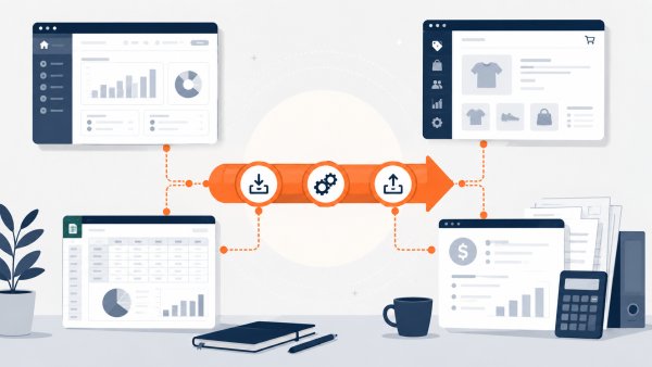 Editorial illustration of ETL data integration for small businesses, showing separate system interfaces for a management platform, e-commerce, spreadsheet, and accounting software connected by a central pipeline and arrow to represent automated data flow.