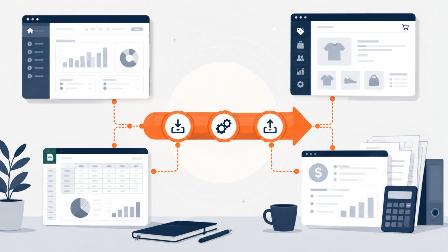 Editorial illustration of ETL data integration for small businesses, showing separate system interfaces for a management platform, e-commerce, spreadsheet, and accounting software connected by a central pipeline and arrow to represent automated data flow.