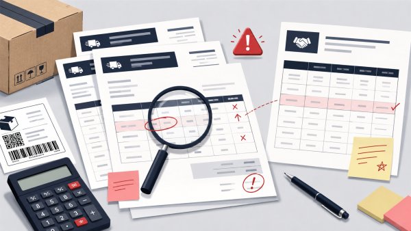 Courier invoices being checked against contract rate tables with a magnifying glass, calculator, parcel and highlighted billing discrepancies.