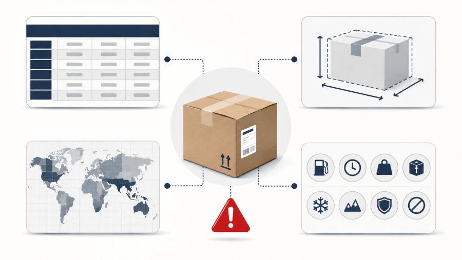 Editorial illustration of a parcel in the center connected to a rate table, a dimensional measurement frame, a destination zone map, and surcharge symbols, with a red warning marker highlighting possible billing discrepancies.