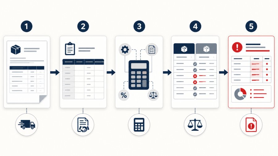 Editorial process diagram with five connected stages for manually verifying courier invoices: billing document, contract rate table, calculator or rules check, side-by-side comparison, and final discrepancy report.
