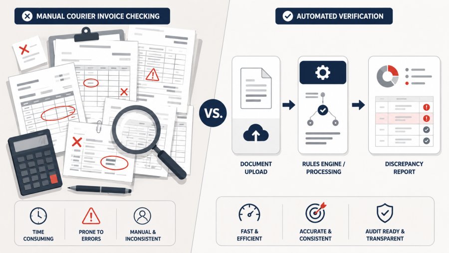 Split editorial illustration comparing manual courier invoice checking, with papers, spreadsheet tables, calculator, magnifying glass and red discrepancy marks, to automated verification showing document upload, a rules engine and an organized discrepancy report.