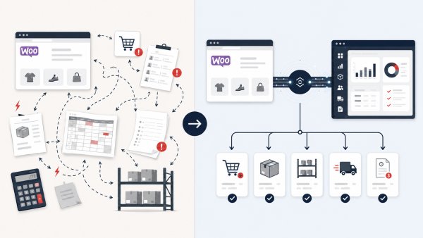 Comparison illustration between manual WooCommerce order management and direct integration with a business management system