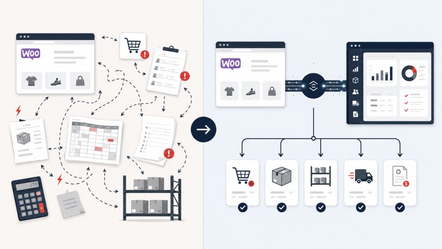 Comparison illustration between manual WooCommerce order management and direct integration with a business management system