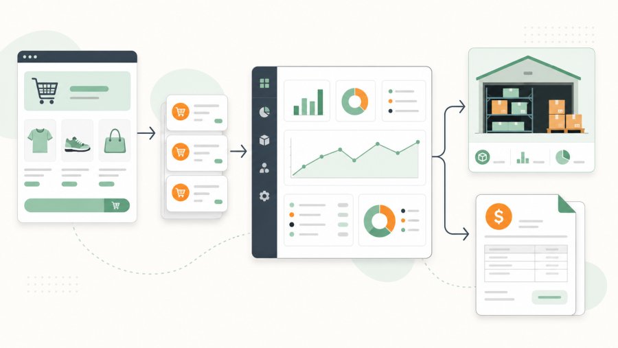 Customer and order data flowing between WooCommerce and the ERP