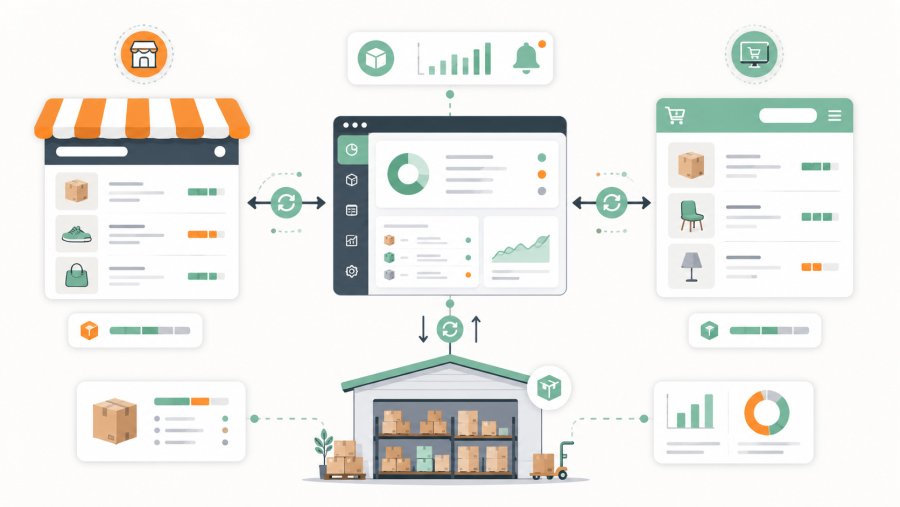 Inventory flow diagram between Amazon, WooCommerce, management software and physical warehouse