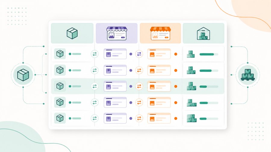 Mapping table between central SKU, WooCommerce SKU, Amazon SKU and available quantity