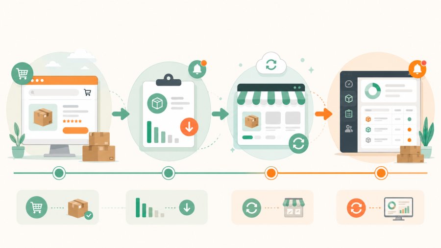 Timeline of stock updates from Amazon order to WooCommerce and management system