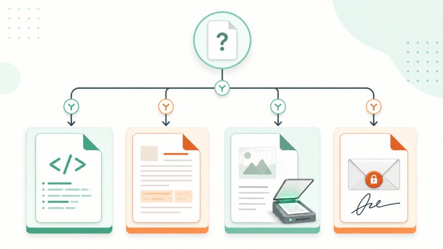 Decision Diagram for Identifying XML Invoices, Text PDFs, Scanned PDFs, and P7M Files