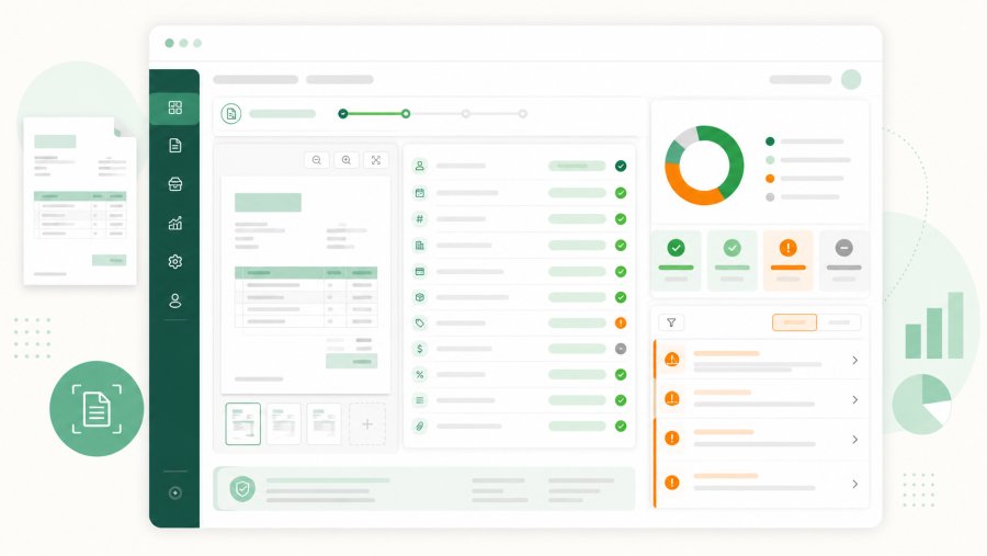 Conceptual Invoice Review Screen with Extracted Fields, Validation Status, and Error List