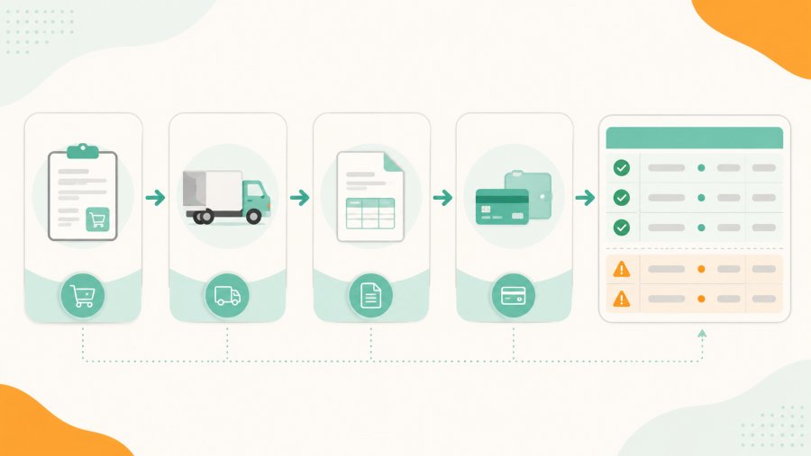 A simple process diagram showing order, delivery, invoice, payment, and reconciliation table with exception outcomes