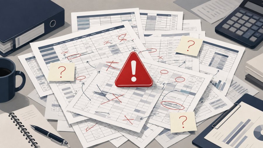 Cluttered desk with overlapping spreadsheet printouts, handwritten corrections, question-mark sticky notes, and a red warning triangle symbolizing risks in managing warehouse stock and invoices with spreadsheets.