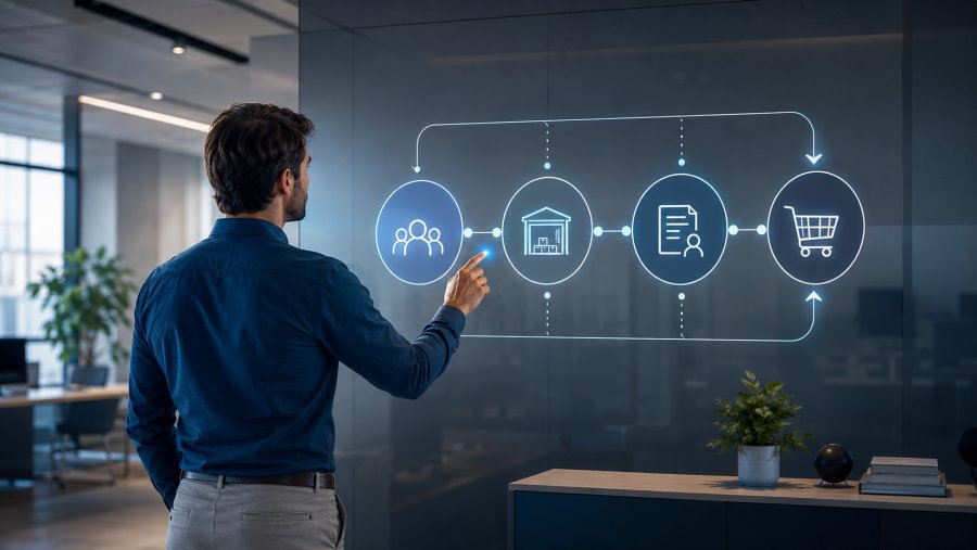 SME owner in front of a workflow map connecting sales, warehouse, administration, and e-commerce