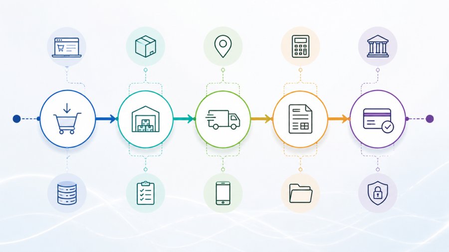 Order flow diagram showing availability, shipping, invoicing, and payment, with the systems involved at each stage