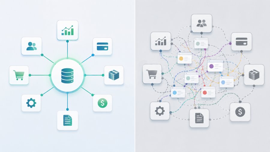 Visual comparison between an integrated ecosystem with a few stable connections and an outdated system with many temporary workarounds