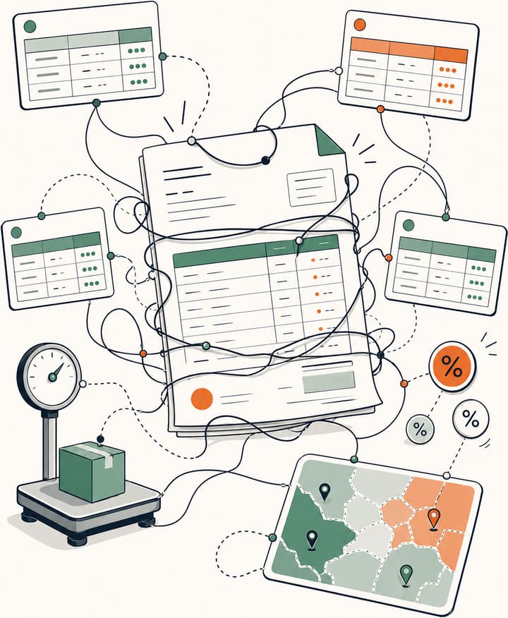 A transport invoice surrounded by rate cards, zones, a scale and surcharges, all linked together.