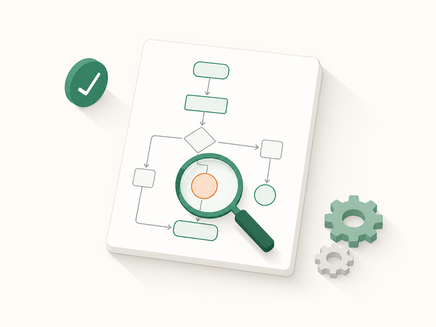 Illustration of a workflow audit: a written report with a flowchart and a magnifying glass